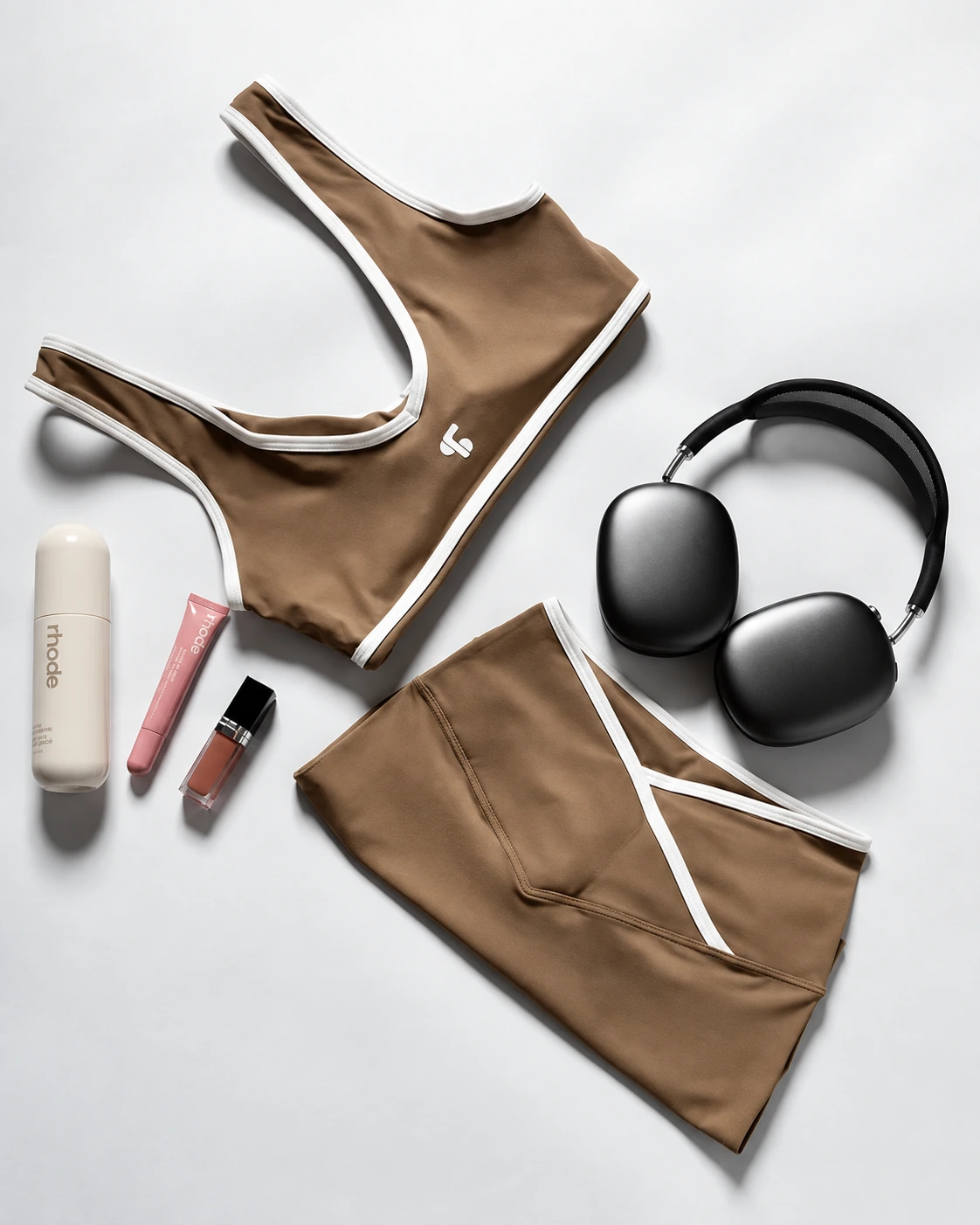 The Gianna Set in Nude, laid flat with headphones and everyday essentials